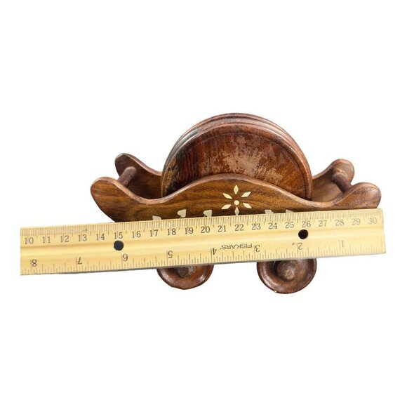 Vintage Wooden Wheel Cart Shape Tea Coffee Coaster Home Decorative Set 6 VTG - Picture 5 of 10